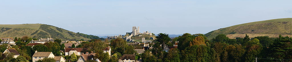 Panormaic view of Corfe Castle, Dorset, England